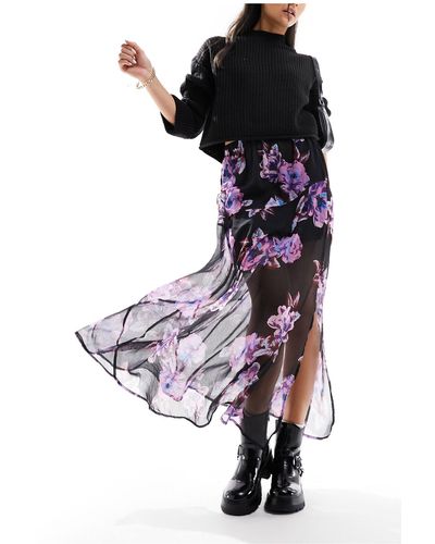 Y.A.S Falda larga negra transparente con estampado floral extragrande - Negro