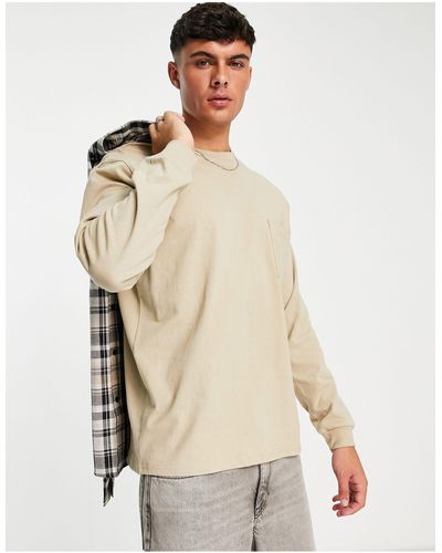 Pull&Bear Long Sleeve Top With Chest Pocket - Natural