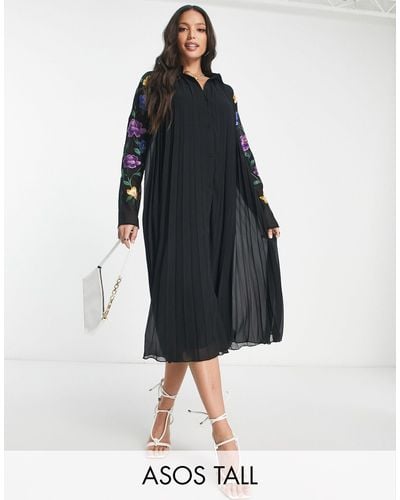 ASOS Asos Design Tall Pleated Midi Shirt Dress With Embroidered Sleeves - Black