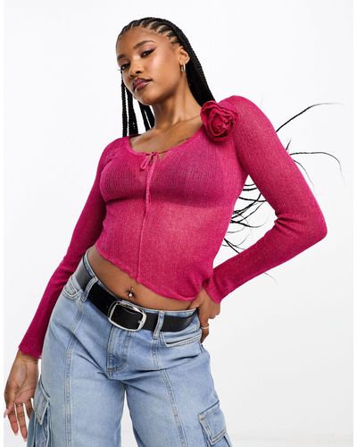 ASOS Sheer Knitted Top With Rose Corsage - Red