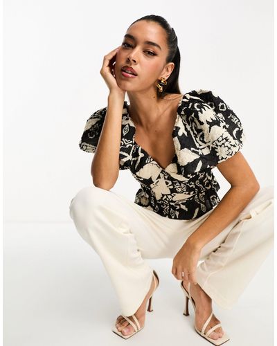 French Connection Tailored Mini Peplum Shirt With Puff Sleeve - White