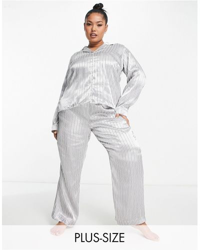 Vero Moda Pyjama en satin à fines rayures avec chemise et pantalon - Blanc