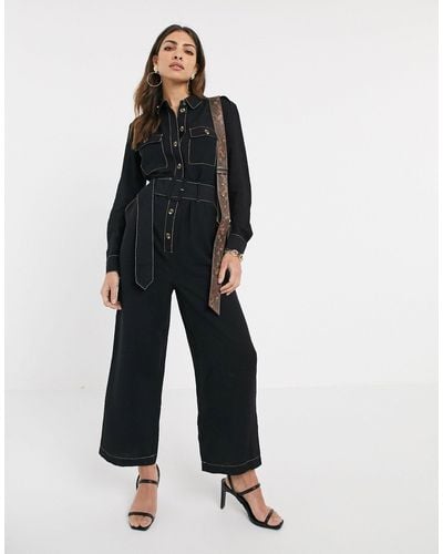 Warehouse Denim Jumpsuit With Contrast Stitching - Black