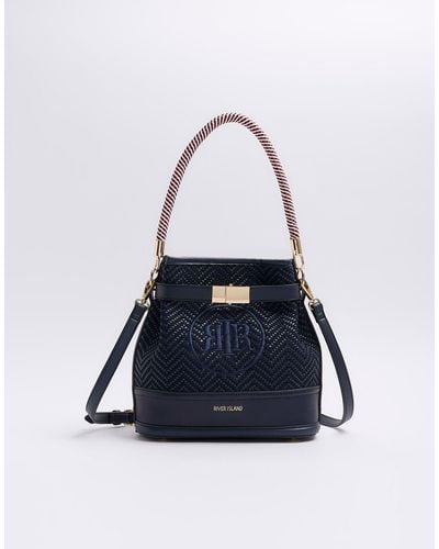 River Island Weave Embroidered Bucket Cross Body Bag - Blue