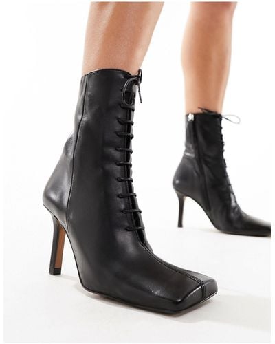 ASOS Eclipse Premium Leather Square Toe Lace Up Boots - Black