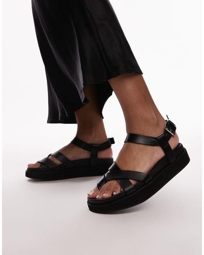 TOPSHOP Jaya Premium Leather Toe Loop Strappy Sandals - Black