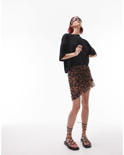 TOPSHOP Ruched Animal Print Asymmetric Mini Skirt - Black