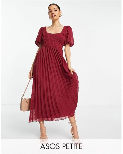 ASOS Asos Design Petite Puff Sleeve Pleated Dobby Midi Dress With Scallop Trim - Red