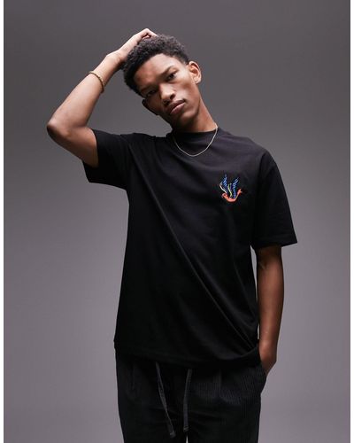TOPMAN Oversized Fit T-shirt With Swallow Embroidery - Black