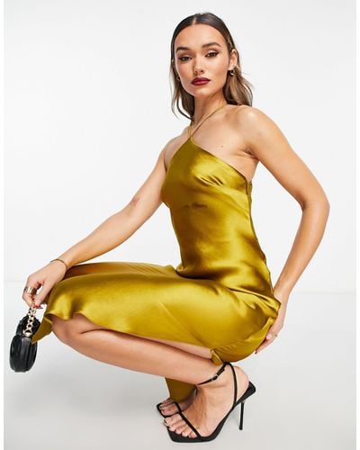 ASOS Halter Satin Midi Dress With Side Split And Lace Up Back - Yellow