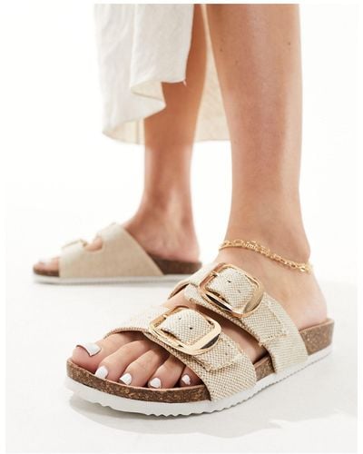 New Look Raffia Double Buckle Flat Sandals - Natural