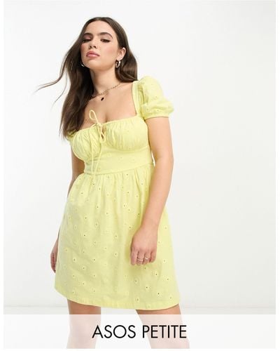 ASOS Asos Design Petite Broderie Short Sleeve Mini Tea Dress With Ruched Bust - Yellow