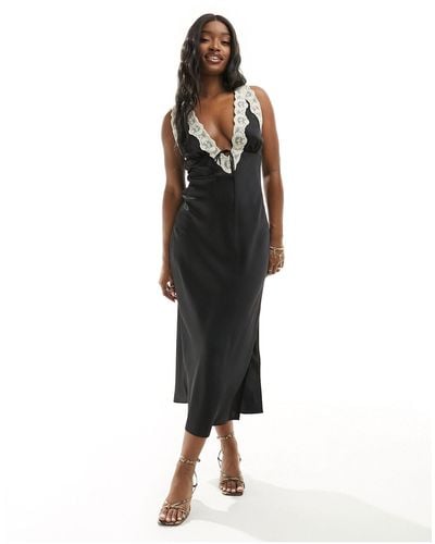 Abercrombie & Fitch Contrast Lace Midi Slip Dress - Black