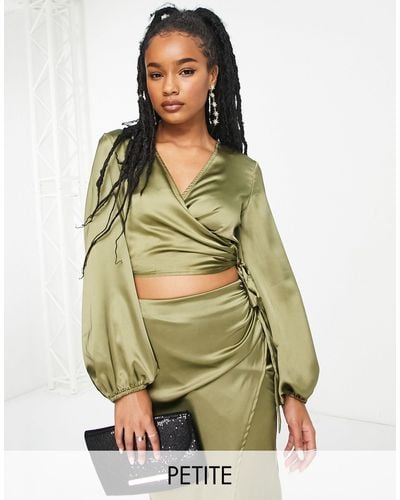 Flounce London Satin Wrap Front Cropped Blouse With Balloon Sleeves - Green