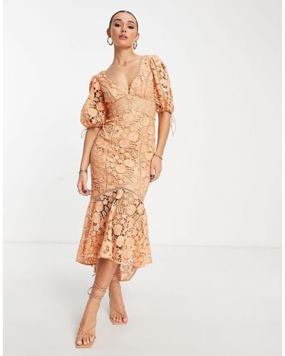 ASOS Guipure Lace Midi Dress With Puff Sleeve And Tie Back - Natural