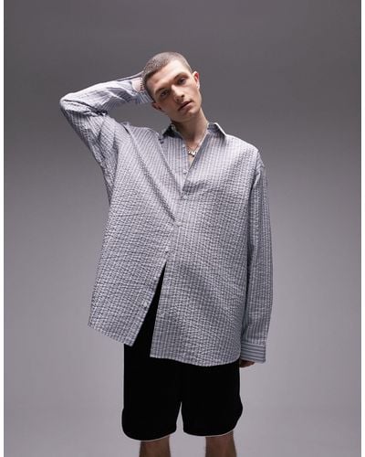 TOPMAN Long Sleeve Super Oversized Fit Textured Stripe Shirt - Blue