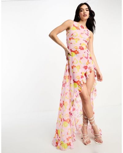 Annorlunda Blurred Acid Floral Print Sheer Chiffon Maxi Dress - Pink