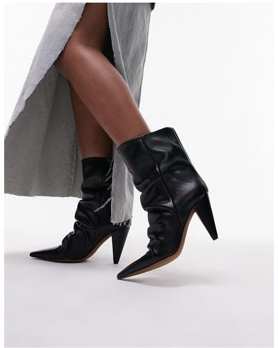 TOPSHOP Wide Fit Nadia Real Leather Pointed Cone Heel Ankle Boot - Black