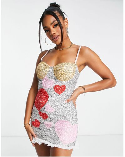 LACE & BEADS Exclusive Contrast Heart Embellished Mini Dress - Multicolor
