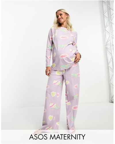 ASOS Maternity - daydream - completo pigiama con top a maniche lunghe e pantaloni lilla - Bianco