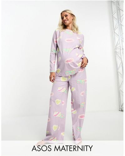 ASOS Maternity -pyjama avec pantalon et top à manches longues et imprimé day dreamer - lilas - Blanc