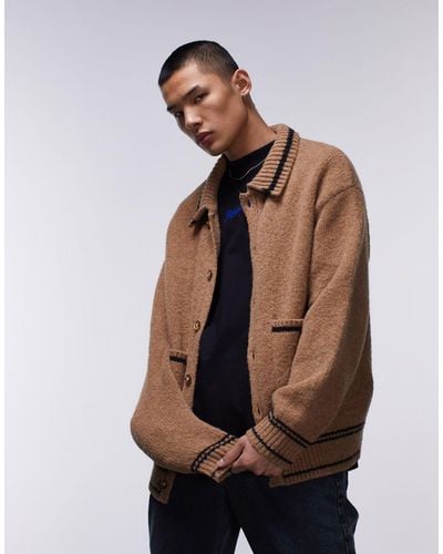 TOPMAN Heavyweight Brushed Tipped Cardigan With Collar - Brown