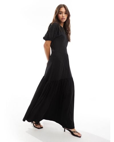 ASOS Broderie Puff Sleeve Tiered Maxi Dress - Black