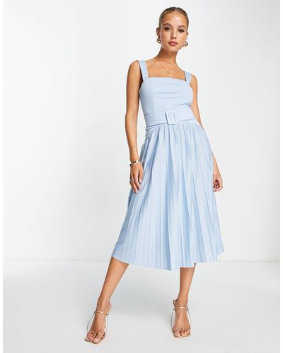 ASOS Square Neck Dropped Waist Belted Pleated Midi Dress - Blue