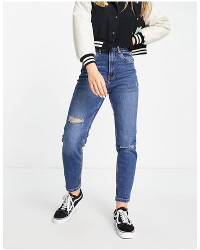 Stradivarius Mom jeans slim fit stretch medio con strappi - Blu