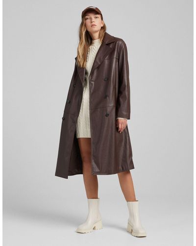Bershka Faux Leather Trench Coat - Brown