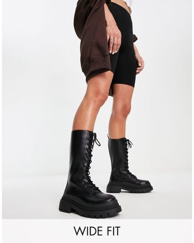 Truffle Collection Wide Fit Lace Up Chunky Boots - Black