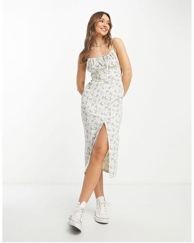 ASOS Ruched Bust Strappy Midi Sundress With Blue Ditsy Print - White