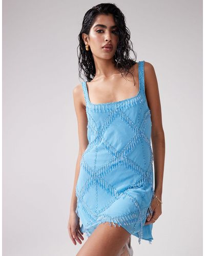 ASOS Embellished Mini Dress With Cross Detail Drip Beading - Blue