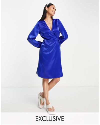 Vila Exclusive Satin Wrap Midi Dress - Blue