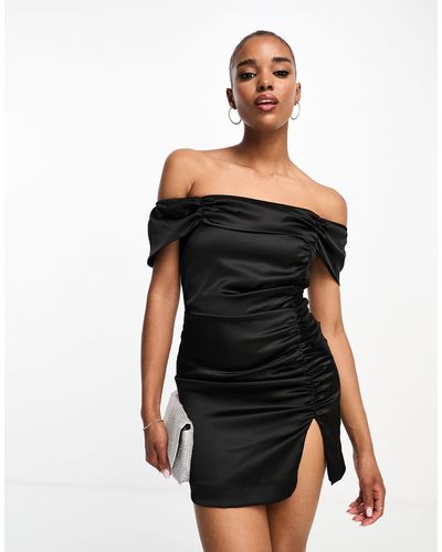 Style Cheat Bardot Satin Ruched Mini Dress - Black