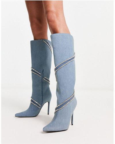 Daisy Street Tammy Girl Embellished Heeled Knee Boots - Blue