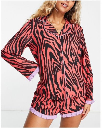 ASOS Modal Tiger Shirt & Short Pajama Set With Contrast Frill - Red