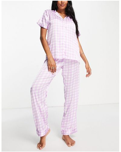 Loungeable Lange Satijnen Pyjamaset Met Gingham Ruit - Roze