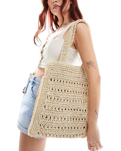 ASOS Straw Hand Crochet Square Tote Bag With Open Weave - White