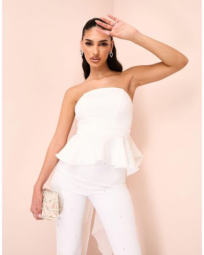 ASOS Bandeau Peplum Top With Embellished Pearl Bow - Natural
