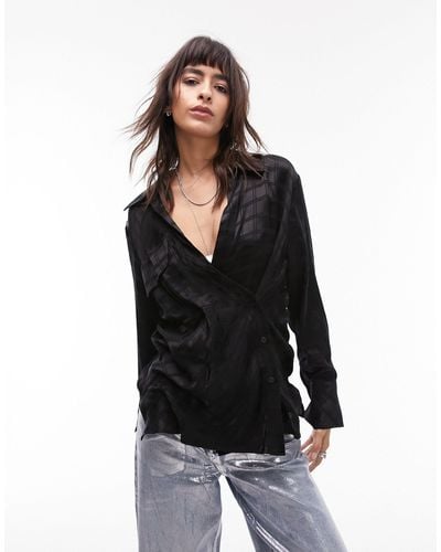 TOPSHOP Self Check Satin Shirt - Black