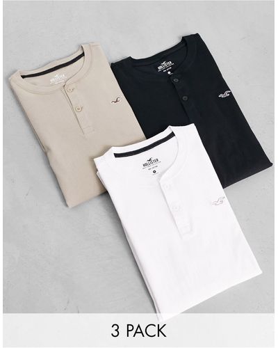 Hollister Icon - confezione da 3 t-shirt serafino bianco/color cuoio/nero con logo - Blu