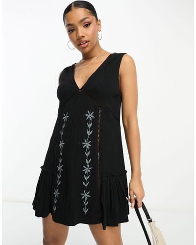 ASOS Crinkle Sleeveless Mini Dress With Embroidered Contrast Panel - Black