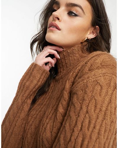 French Connection High Neck Cable Knit Jumper - Brown