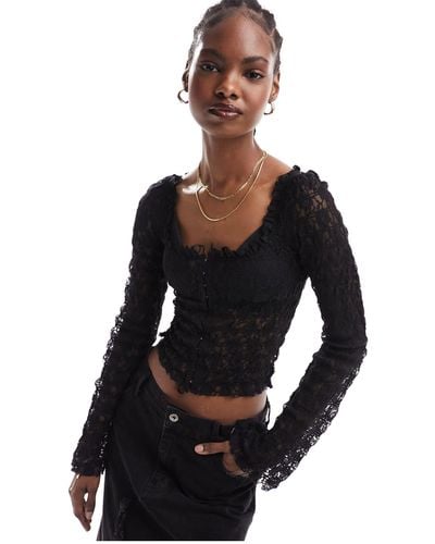 Black Lace Hook and Eye Long Sleeve Top