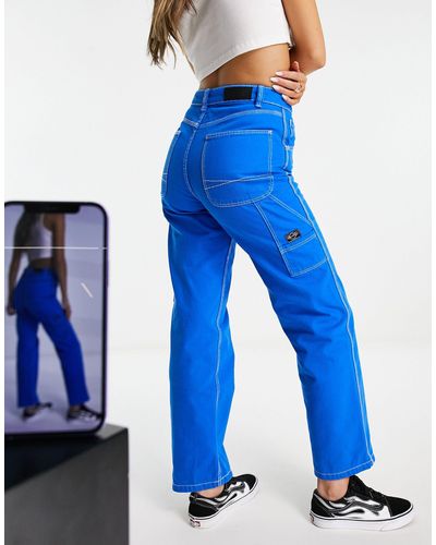 Bershka – jeans im zimmermanns-stil mit geradem schnitt und kontrastierendem saum - Blau
