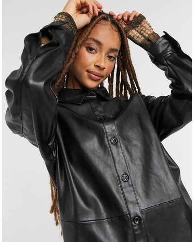 Pull&Bear Faux-leather Overshirt - Black