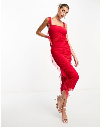 Flounce London Vestido midi con escote cuadrado y detalle - Rojo