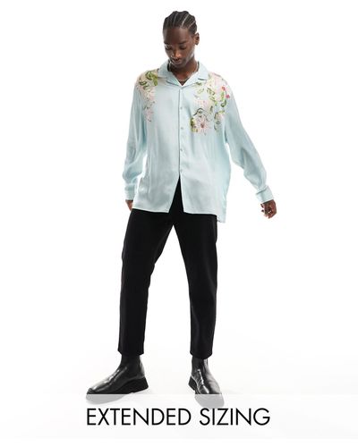 ASOS Relaxed Revere Satin Shirt With Floral Placement Print - White