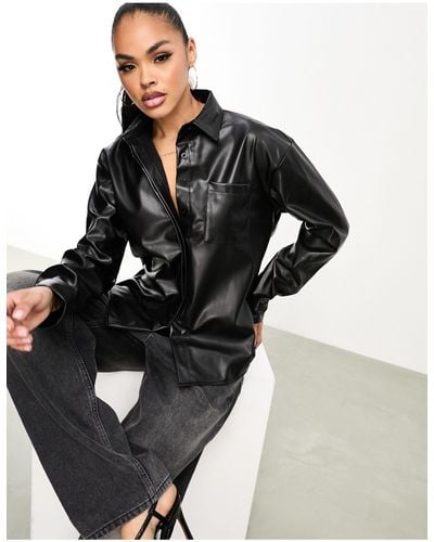 In The Style Oversized Leather Look Shirt - Black